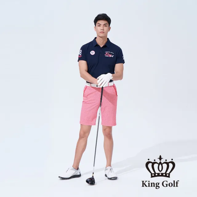 KING GOLF】速達-網路獨賣款-男款方格紋印圖修身彈性高爾夫球短褲(紅色 