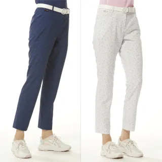 【Lynx Golf】女款彈性舒適滿版方塊印花精美夾標Lynx草寫繡花造型窄管九分褲(二色)