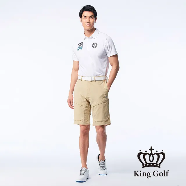 【KING GOLF】速達-網路獨賣款-LOGO燙標口袋造型立體剪裁彈性高爾夫球短褲(卡其)