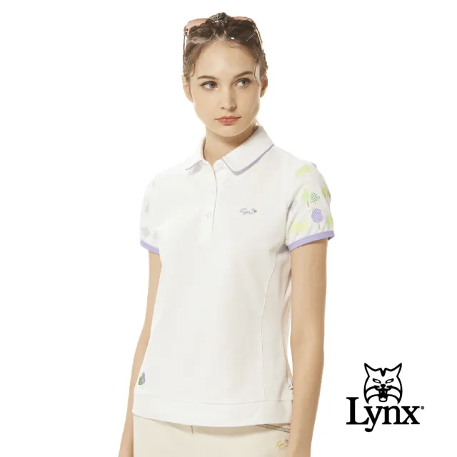 【Lynx Golf】女款吸溼排汗素面森林風剪影兩袖印花配布剪接設計短袖POLO衫/高爾夫球衫(二色)