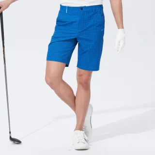 【KING GOLF】速達-網路獨賣款-男款虛線格紋印圖修身彈性高爾夫球短褲(藍色)