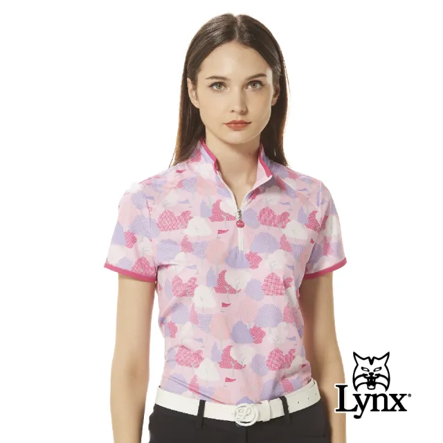 【Lynx Golf】女款吸溼排汗繽紛森林風樹木剪影印花脇邊剪裁設計短袖立領POLO衫/高爾夫球衫(二色)