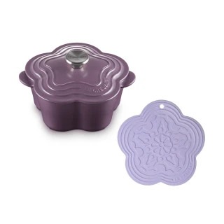 【Le Creuset】琺瑯鑄鐵鍋山茶花鍋20cm(水晶紫-鋼頭-內鍋白)+花型隔熱墊(淡粉紫)