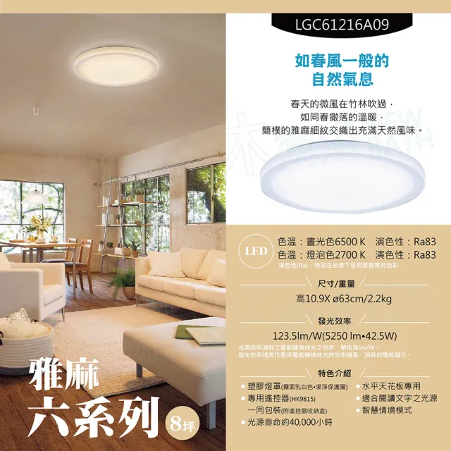 【Panasonic 國際牌】LED吸頂燈-六系列-雅麻-LGC61216A09(日本製造、原廠保固、調光調色、增亮模式)