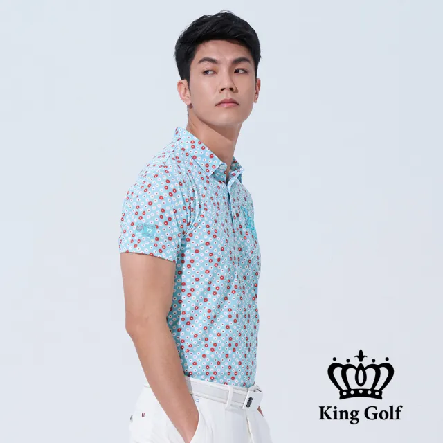 【KING GOLF】速達-網路獨賣款-男款小花印圖KG刺繡開襟POLO衫/高爾夫球(綠色)