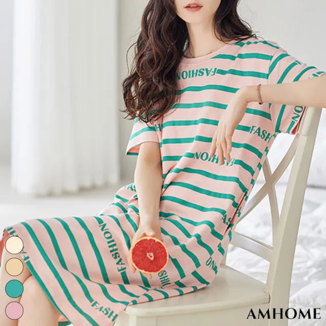 【Amhome】睡衣連身裙舒棉短袖薄款圓領印花中長版家居服睡衣洋裝#116468(4色)