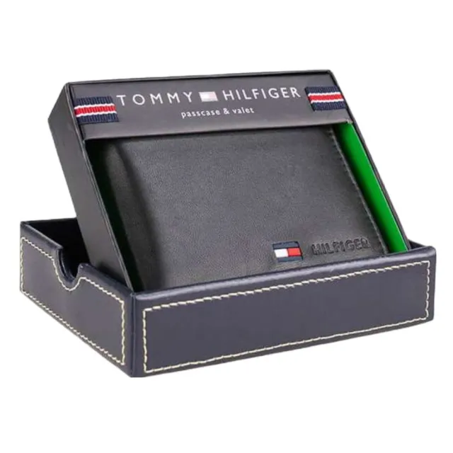 【Tommy Hilfiger】Tommy 簡約經典logo 皮革短夾 原廠盒裝 多功能皮夾(黑色)
