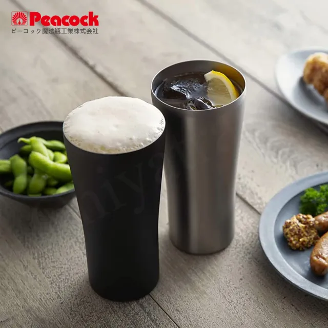 【Peacock 日本孔雀】不鏽鋼真空斷熱 居酒屋 保冷保溫 啤酒杯 鋼杯420ML-磨砂黑/原剛色(兩色任選)