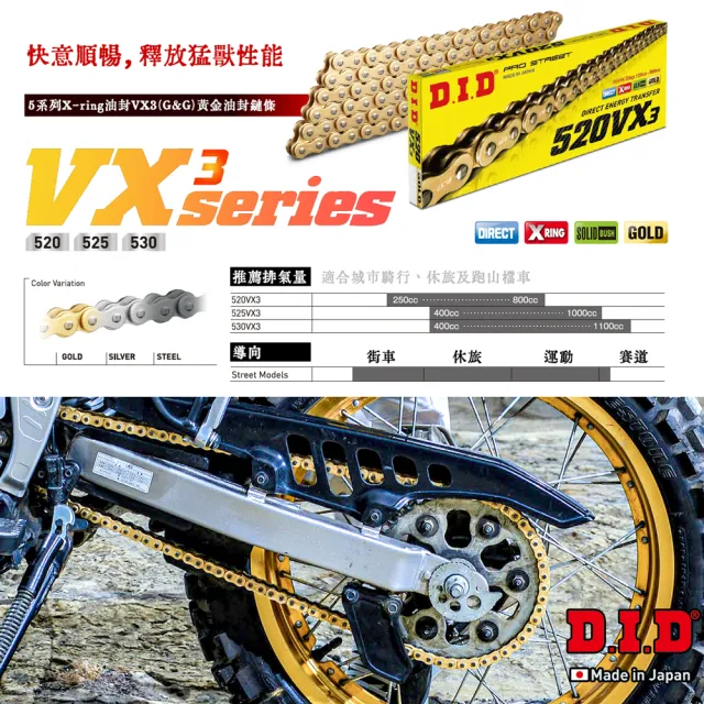 【D.I.D】VX3系列 專利X型油封 重機專用 黃金色鏈條(鍊條尺寸525/鏈目120節)