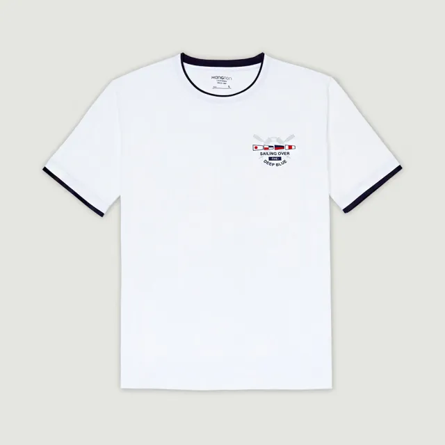 【Hang Ten】男裝-COMFORT FIT純棉假兩件航海印花短袖T恤(米白)