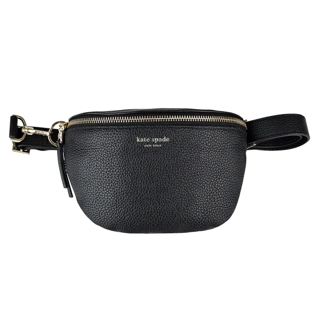 【KATE SPADE】Polly Fanny金字LOGO荔枝紋牛皮拉鍊胸腰包(黑)