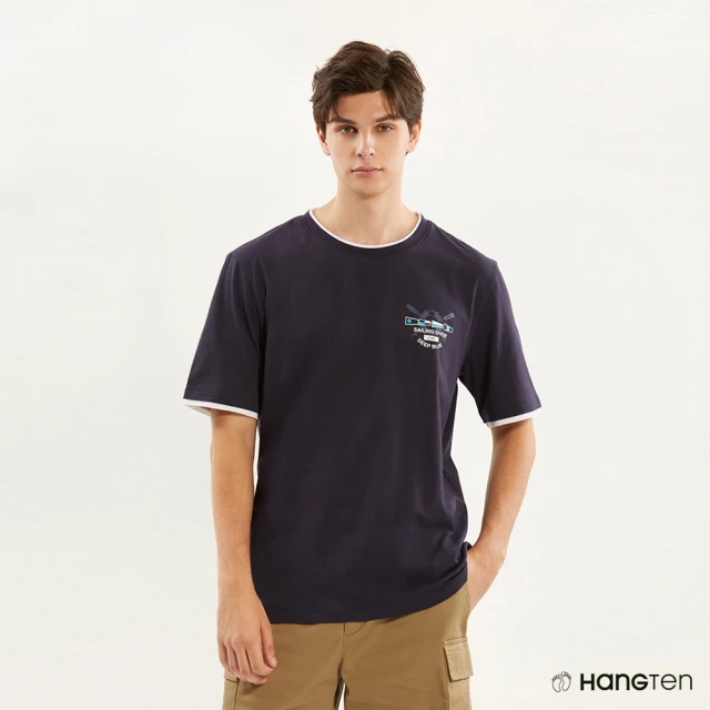 【Hang Ten】男裝-COMFORT FIT純棉假兩件航海印花短袖T恤(深藍)
