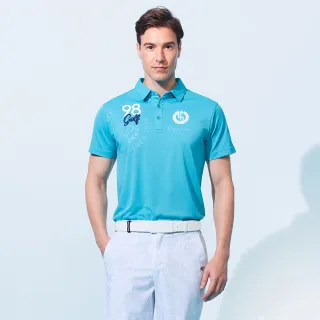 【KING GOLF】速達-網路獨賣款-男款美式印花數字刺繡涼感素面短袖POLO衫/高爾夫球衫(藍色)