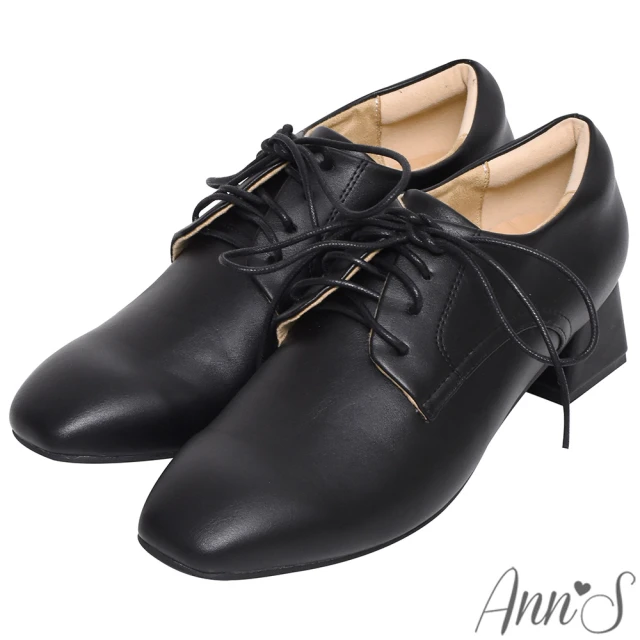 【Ann’S】簡單最真實-皮革素面綁帶方頭粗跟牛津鞋4cm-版型偏小(黑)