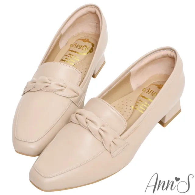 【Ann’S】經典風格MIT-麻花編織綿羊皮真皮粗跟樂福鞋3cm(杏)