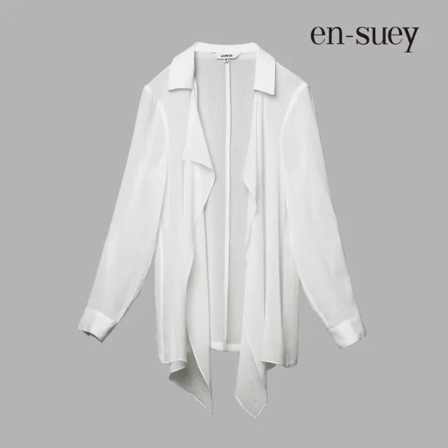 【en-suey 銀穗】簡約透膚翻領雪紡罩衫外套-女
