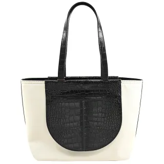 【TOD’S】TODS 撞色小牛皮帆布拼接肩背大獨特個性包托特包(米黑)