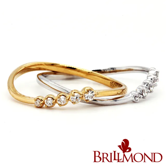 【BRILLMOND JEWELRY】天然鑽石線戒 18K金 曲線鑽戒雙色選(18K金台 天然鑽石總重6分)