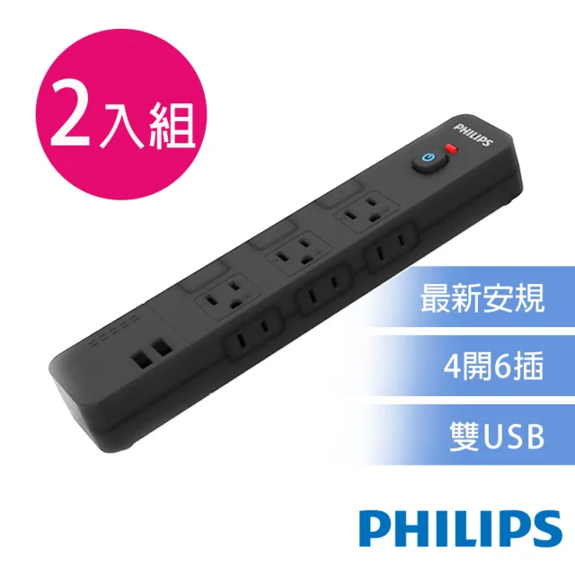 【Philips 飛利浦】4開6插+雙USB延長線 1.8M-CHP4760(2入組)