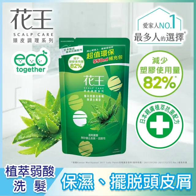 【Kao 花王】植萃弱酸洗髮精補充包550ml(涼感控油/保濕去屑/滋養健髮)