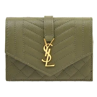 【YSL】金屬字母LOGO菱格縫線牛皮信用卡名片夾零錢包(橄欖綠)