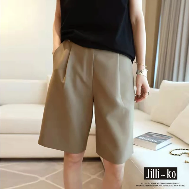 【JILLI-KO】時尚高腰中線褶皺西裝五分短褲-M/L/XL(黑/卡)
