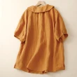 【ACheter】法式亞麻感手工繡娃娃V領襯衫寬鬆短版上衣#116648(黃色)