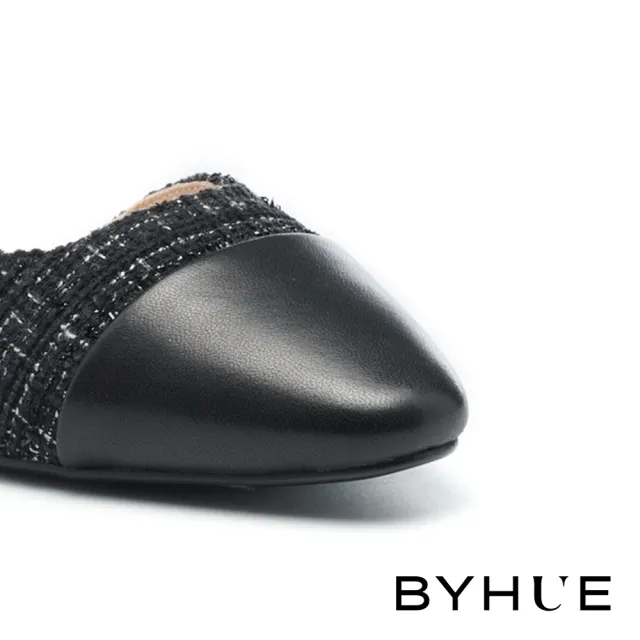 【BYHUE】高雅氣質毛呢閃鑽踝帶羊皮軟芯尖頭低跟鞋(黑)