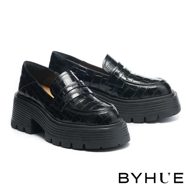 【BYHUE】質感系復古石頭紋牛油皮軟芯樂福厚底鞋(黑)