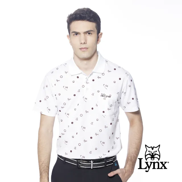 【Lynx Golf】男款吸汗速乾機能網眼材質羅紋領造型高爾夫圖樣印花胸袋款短袖POLO衫(白色)
