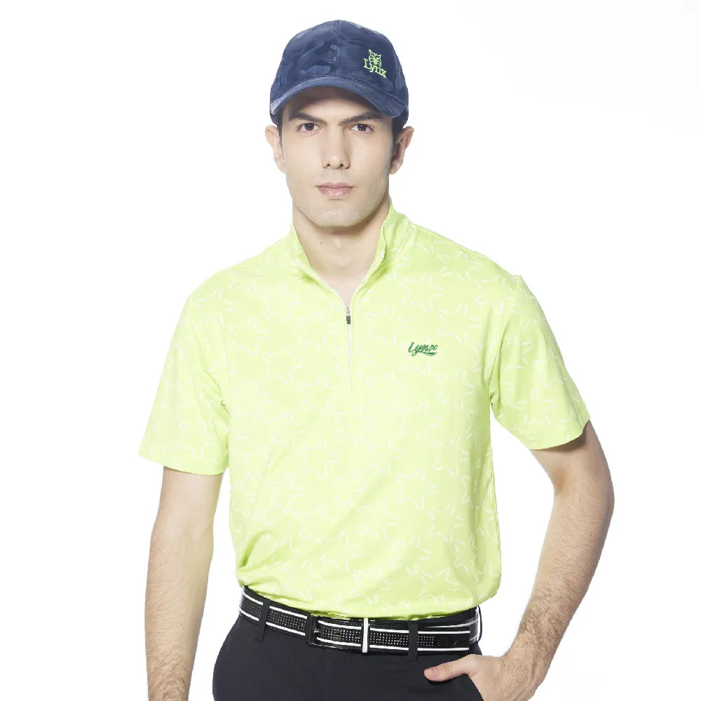 【Lynx Golf】男款吸溼排汗機能滿版Lynx字樣組合星星圖樣印花短袖立領POLO衫(果綠色)