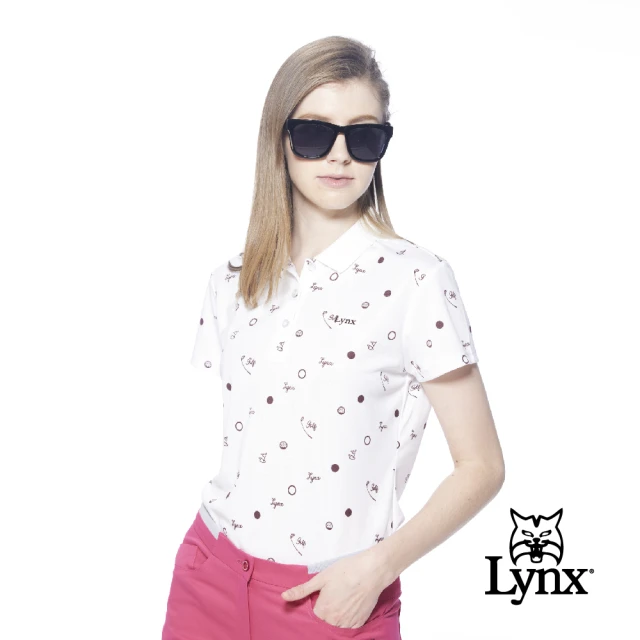 【Lynx Golf】女款吸汗速乾機能網眼材質羅紋領造型高爾夫圖樣印花短袖POLO衫(白色)