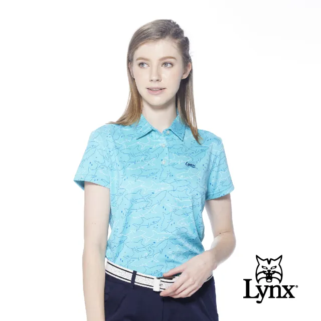 【Lynx Golf】女款吸溼排汗機能滿版海洋鯊魚圖樣印花短袖POLO衫(藍綠色)