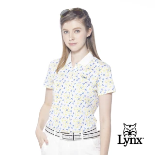 【Lynx Golf】女款吸濕排汗機能網眼材質配色高爾夫圖樣Lynx繡花短袖POLO衫(白色)