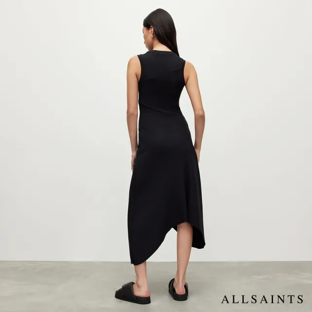 【ALLSAINTS】GIA 無袖棉質羅紋不對稱中長版洋裝-黑 WD114T(修身版型)