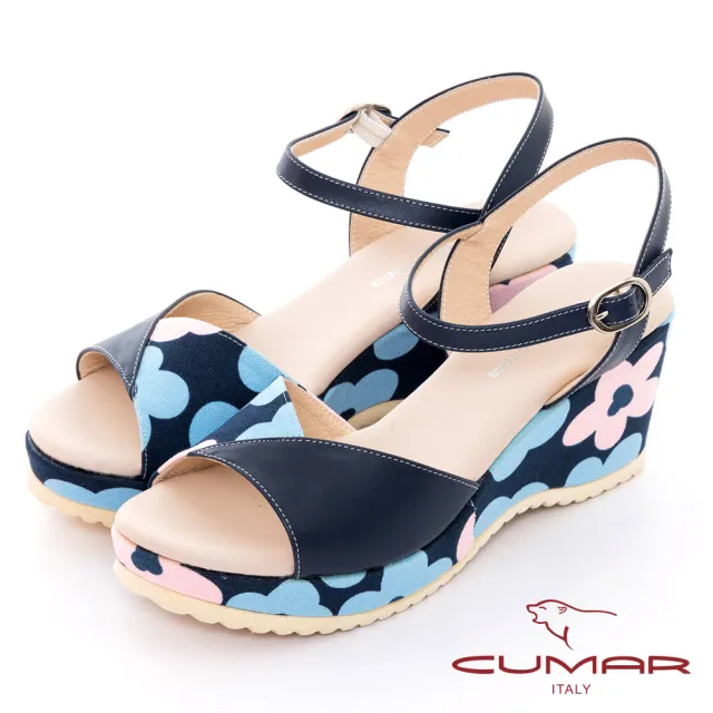 【CUMAR】印花楔型厚底涼鞋(靚藍)
