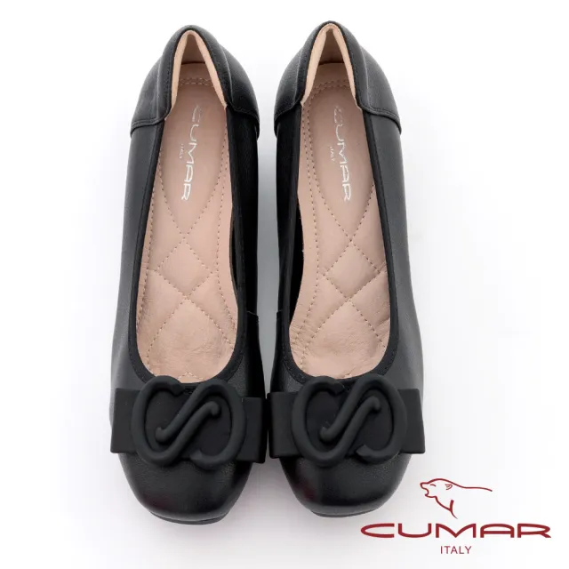 【CUMAR】真皮同面色飾釦頭粗跟低跟鞋(黑色)