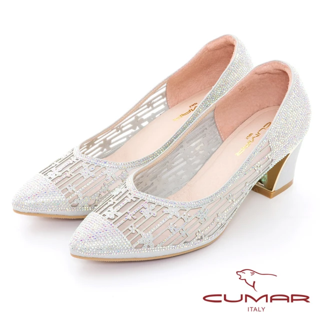 【CUMAR】鏤空鑽飾粗跟鞋(銀白色)