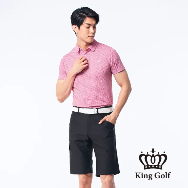 【KING GOLF】速達-網路獨賣款-男款長方形格紋印花涼感短袖POLO衫/高爾夫球衫(紅色)