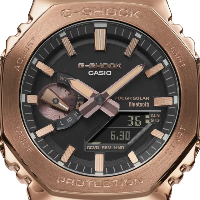 CASIO 卡西歐】G-SHOCK 玫瑰金八角農家橡樹太陽能藍芽連線雙顯手錶-金