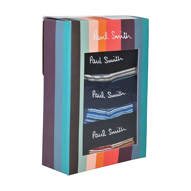 【Paul Smith】PAUL SMITH字母草寫LOGO多色條紋組合棉質長款四角內褲三件裝(男款/灰x藍x紅)