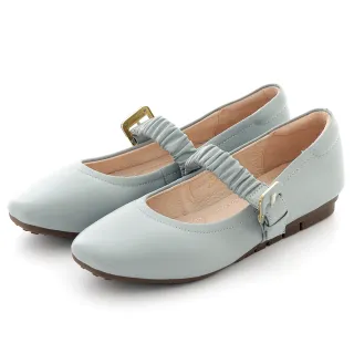 【CUMAR】時髦小方頭蓬鬆皺褶腳背帶瑪莉珍平底鞋(灰藍色)