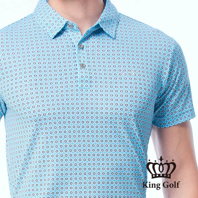 【KING GOLF】速達-網路獨賣款-男款夏日幾何圖形底紋印花涼感短袖POLO衫/高爾夫球衫(藍色)