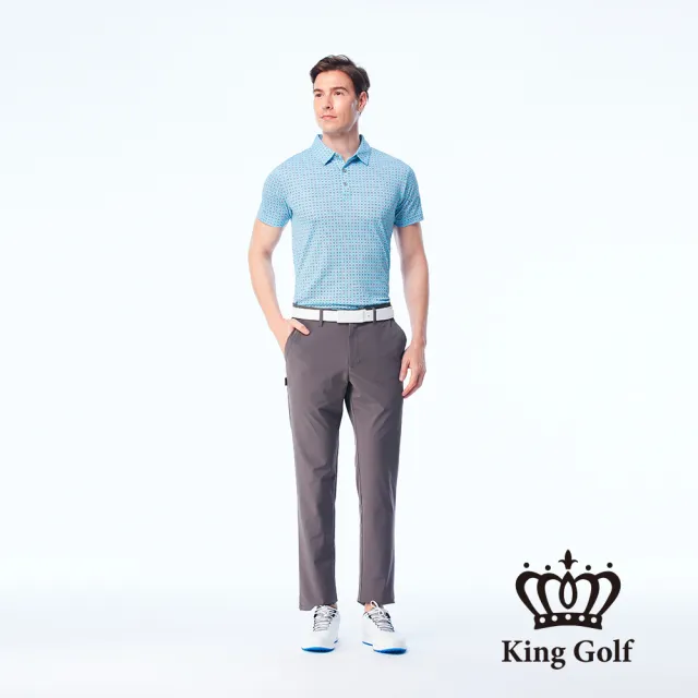 【KING GOLF】速達-網路獨賣款-男款夏日幾何圖形底紋印花涼感短袖POLO衫/高爾夫球衫(藍色)