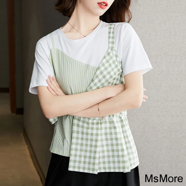【MsMore】小清新不規則短袖T恤圓領假兩件收腰顯瘦短版上衣#116691(綠色)