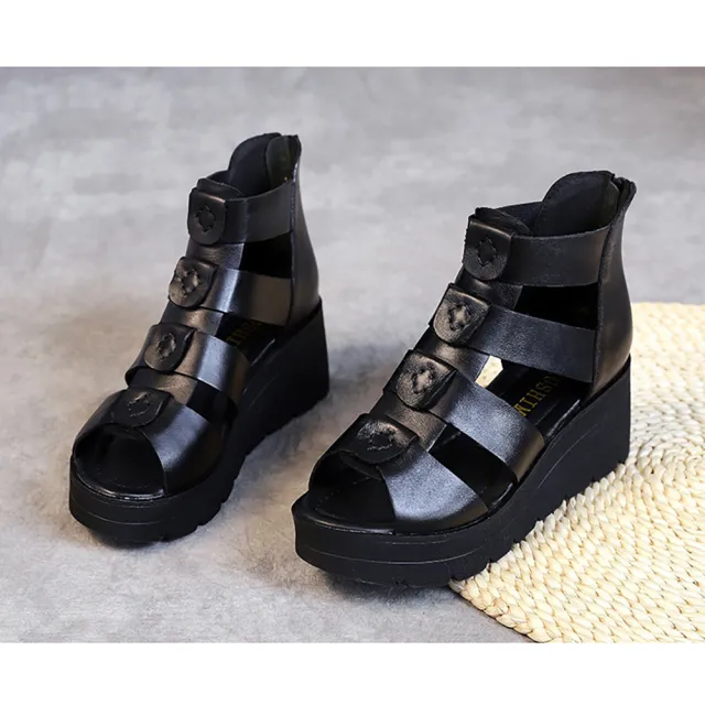 【Vecchio】真皮涼鞋 坡跟涼鞋 魚嘴涼鞋/真皮頭層牛皮防水台坡跟魚嘴羅馬涼鞋(黑)