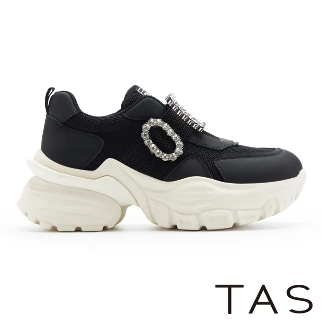 【TAS】雙材質拼接鑽飾老爹厚底休閒鞋(黑色)