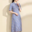 【FQ 時尚天后】復古紫藍滿版藤葉印花旗袍洋裝(中大尺碼/M-3XL)
