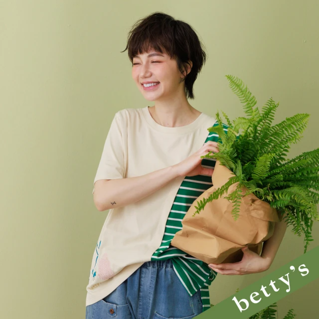 betty’s 貝蒂思 假兩件條紋拼接連帽抽繩T-shirt