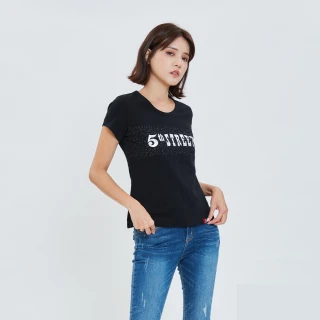 【5th STREET】女裝修身LOGO印字短袖T恤(黑色)